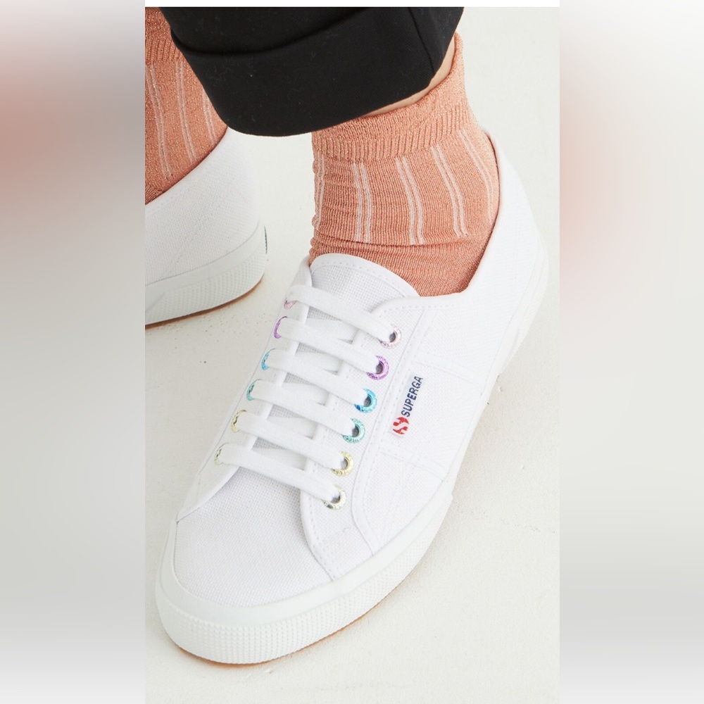 Superga Women's White Canvas Sneakers with Rainbow Eyelets